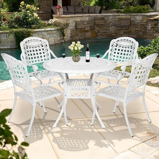 5-Piece Outdoor Patio Dining Set, All-Weather Cast Aluminum Patio Furniture Set with 4 Chairs and 35.4" Round Table for Backyard Garden Deck, 2" Umbrella Hole, White