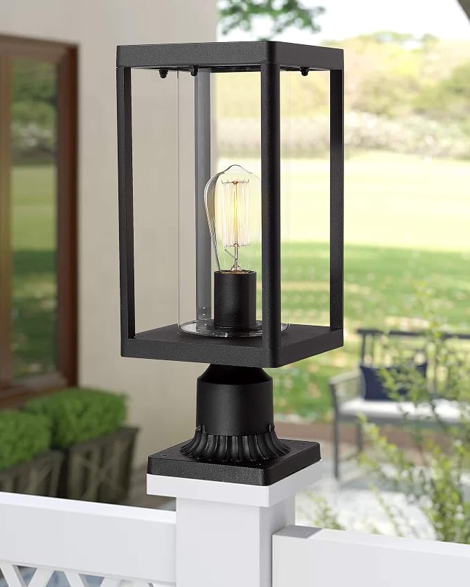 Beionxii Outdoor Post Lights, 20inch Large Modern Large Exterior Post Lantern Pillar Light with Pier Mount Base, Black Cast Aluminum w/Clear Cylinder Glass - A291P-1PK (NOT Solar, 110-120V AC)