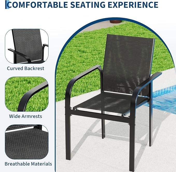 Garvee 7 Piece Patio Dining Set, Black Dining Table with 6 Black Chair | Outdoor Furniture with 55" Rectangular Iron Table & 6 Textilene Chairs, All Weather Designed, Suitable for Backyard Garden
