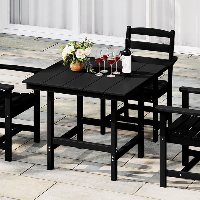 Costaelm Outdoor Patio Table, Outdoor Dining Table for 4, Weather Resistant Square Patio Table with Umbrella Hole for Garden, Poolside, Porch, Black