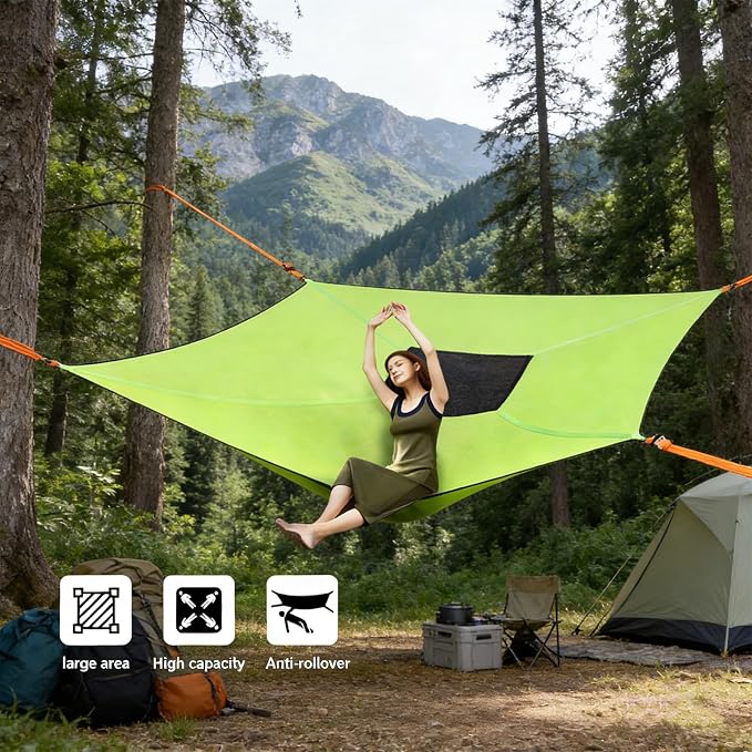 13FT Large Square Hammock, Multi-Person Camping Hammock Supports 2-3 Adults & Kids, Heavy-Duty Sky Hammock with 4 Ratchets & Storage Bag for Outdoor Backyard Travel