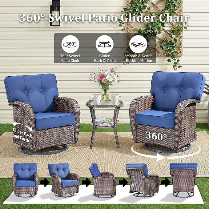 Patio Furniture Set, 6PCS Outdoor Wicker Conversation Set with Side Table, High Back Rattan Sofa & Swivel Rocker Chairs, Weather Resistant Olefin Fabric for Garden, Poolside Brown/Blue