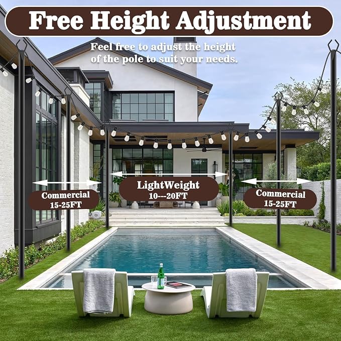 AILBTON 10Ft String Light Poles 8 Pack,Light Poles for Outside Lights,Outdoor with Fence Brackets Hanging Lights,Metal Stand Deck Patio Backyard