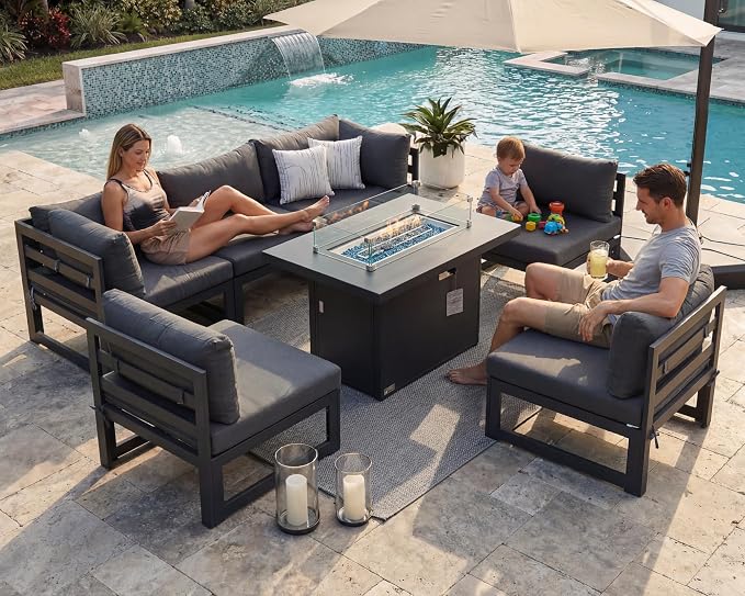 BULEXYARD 7 Pcs Modern Aluminum Patio Sectional Seating with Firepit Table, 500 lbs Heavy Duty Outdoor Furniture Set for Heavyweight, 29 inch Deep Wide Seating, Exterior Conversation Couch, Dark Gray