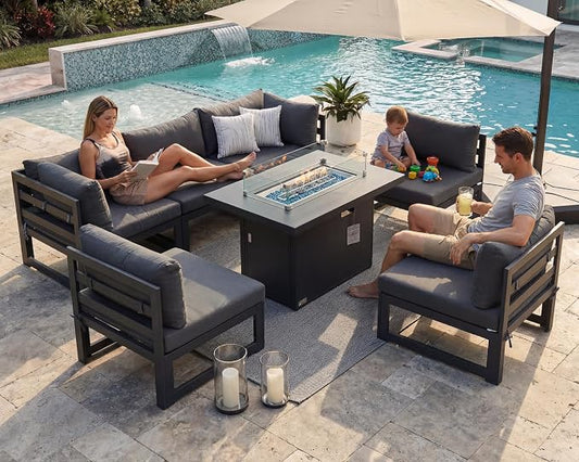 BULEXYARD 7 Pcs Modern Aluminum Patio Sectional Seating with Firepit Table, 500 lbs Heavy Duty Outdoor Furniture Set for Heavyweight, 29 inch Deep Wide Seating, Exterior Conversation Couch, Dark Gray