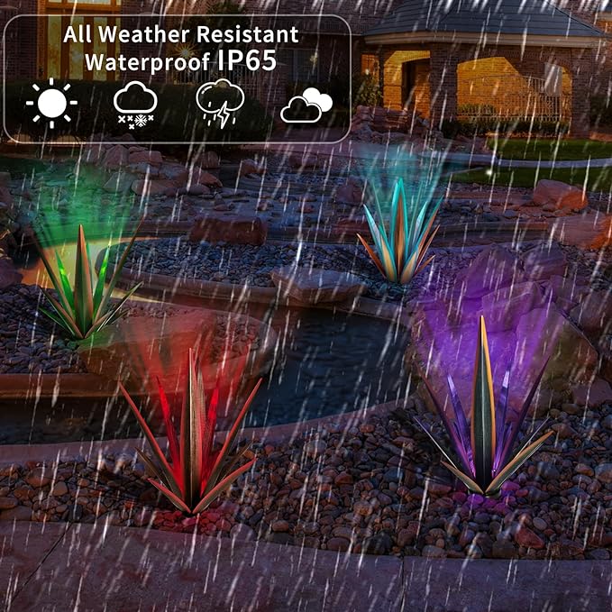 KODIBO 24" Large Metal Agave Plant Outdoor Decor with Solar Light, Blue | Outdoor Solar Light, Multicolor Lamp, Rust-Resistant Metal, Hand-Painted Finish, Tequila Sculpture, Garden Yard Patio Decor