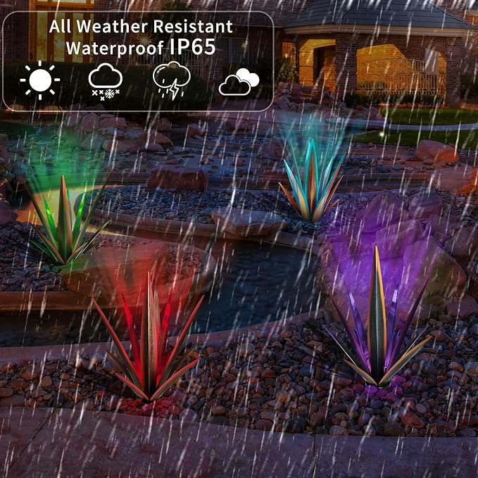KODIBO Large Metal Agave Plant Outdoor Decor with Solar Light, Dark Green | Tequila Rustic Sculpture with Solar Light, Weather-Resistant Material, Outdoor Garden Sculpture for Patio Path Courtyard Lawn