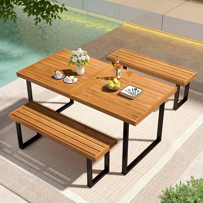 Tangkula 3 Pieces Patio Dining Table Set, 63” Rectangle Acacia Wood Table with Umbrella Hole and 2 Backless Bench with Metal Frame, Outdoor Dinette Furniture for Garden Yard