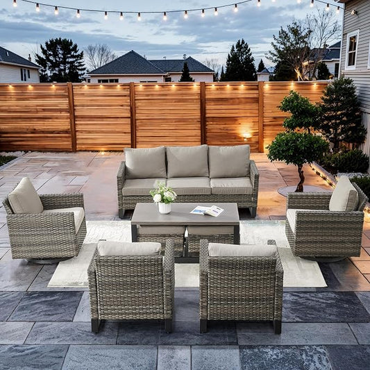HUMMUH 8 Piece Patio Furniture Set All Weather Wicker Outdoor Sectional Sofa with Patio Chairs,Patio Swivel Glider Chairs Ottomans Coffee Table for Porch,Garden,Backyard