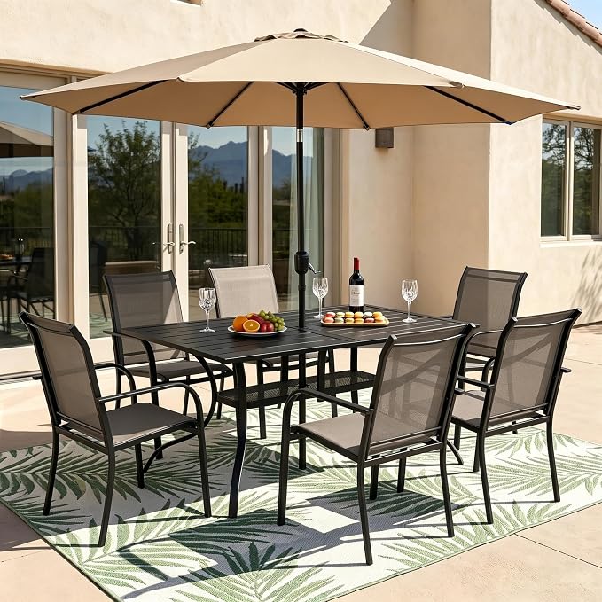 Crownland 7 Piece Patio Dining Set, Textilene Dining Sets, 6 Textilene Metal Chairs and Rectangular Outdoor Dining Table with Khaki 9FT Round Outdoor Umbrella (Brown)