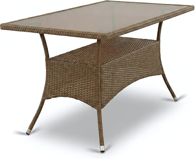 Patio Outdoor Dining Table – 36x60 Rectangle PE Wicker Rattan Table with Tempered Glass Top, Weather-Resistant, Rust-Proof Steel Frame, Brown Deck & Garden Furniture
