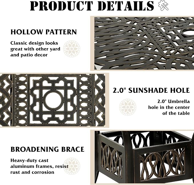 35.4in Square Cast Aluminum Patio Bistro Table, Outdoor Dining Table with 2" Umbrella Hole, Weather-Resistant Table for Porch, Backyard, Garden, Balcony, Bronze (35.4" Square Table)