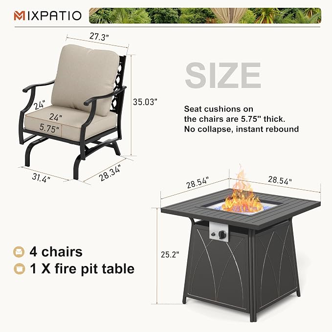 MIXPATIO Patio Furniture Set with Fire Pit Table, 5 Pcs Metal Outdoor Conversation Set, 4 Rocking Chairs with 5.75" Extra Thick Cushion and 28" Fire Pit Table for Backyard Deck, Beige