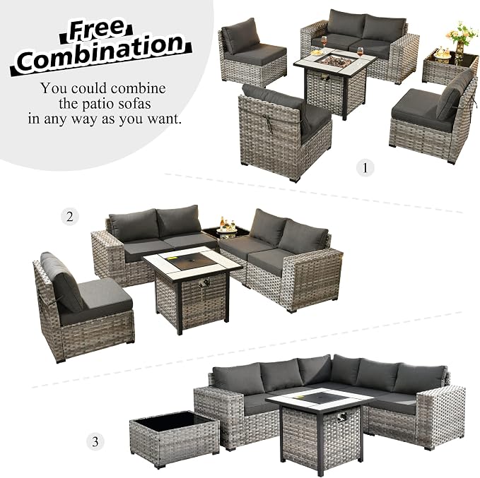HOOOWOOO Outdoor Patio Sectional Furniture Sofa Set with Propane Gas Fire Pit Table,7 Piece Small Modern Wicker Couch with Widened Armrest,Modular Conversation Seating Set for Out Door(Black)