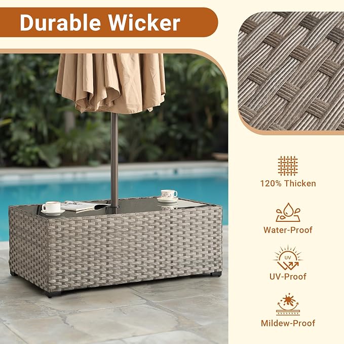 HOOOWOOO Outdoor Patio Side Table with Umbrella Hole,Wicker Coffee End Table Glass Top,Umbrella Table with 1.64" and 2" Hole for Yard,Deck,Porch,Garden(Rectangle Brown)