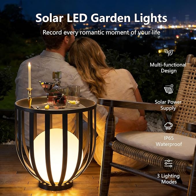 LED Outdoor Side Table, Solar Charging and Remote Control,Built-in Sphere Light,All Weather Metal Decor for Patio & Garden