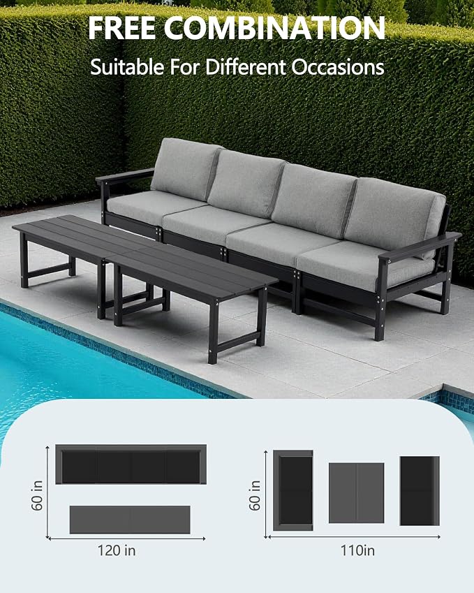 HDPE Outdoor Patio Furniture Set, 6-Piece Sofa Set with 4-Seat Couch 2 Coffee Tables, Weatherproof Conversation Set with Cushions, All-Weather Waterproof, for Garden, Porch & Backyard