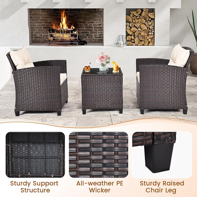 3-Pieces Patio Furniture Set, PE Wicker Chairs Sofa Set with Removable Cushions & Glass Top Side Table, Outdoor Wicker Rattan Conversation Chair for Porch,Backyard, Balcony (White)