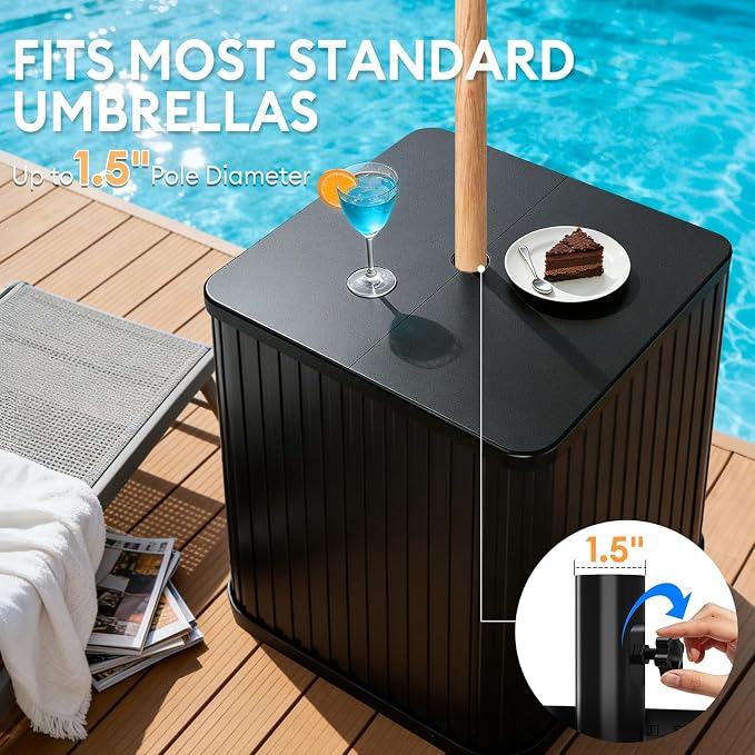 Umbrella Side Table - Hyperzoo Outdoor Patio Table with Umbrella Hole, Heavy Duty Plastic Poolside Table Holds 132 lbs with Water Filled Base, Fits ≤1.5”Umbrella Pole for Poolside & Backyard, Black