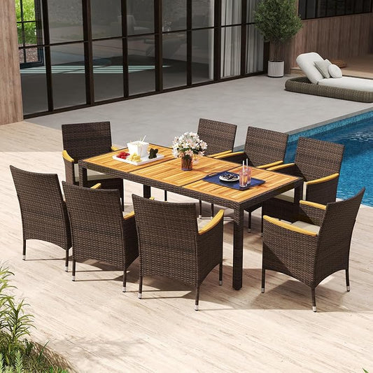 9 Pieces Patio Dining Set for 8, Outdoor Acacia Wood Table and PE Rattan Chairs with 2" Umbrella Hole, Cushions, Wicker Outdoor Dining Furniture Set for Backyard, Garden, Deck(Beige)
