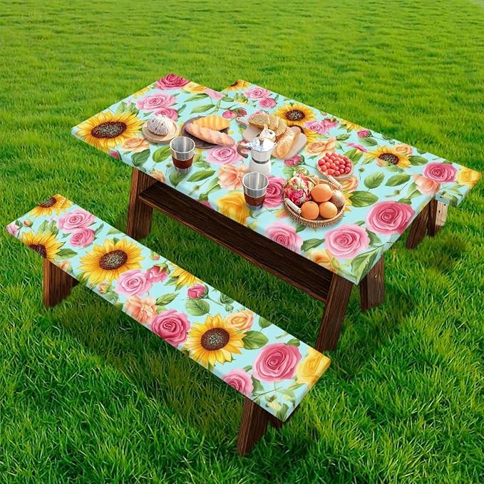 Picnic Table Cover with Bench Covers Elastic Edges, Rectangle Fitted Table Cover, Outdoor Patio Camping Essentials 72 Inch 3PCS, Waterproof Camping Fitted Tablecloth