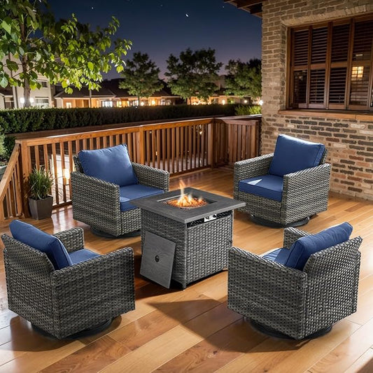 Belord 5 Pieces Wicker Patio Furniture Set: 4 Outdoor Swivel Glider Rocker Patio Conversation Set with 50000BTU Propane Fire Pit Table, All Weather Brown Rattan Anti-Rust Frame, Blue Cushion