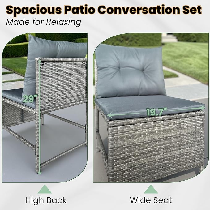 GIANGSUNNY 4 Piece Patio Furniture Set with Acacia Wood Table, Outdoor Hand-Woven Wicker Rattan Conversation Set, Weather-Resistant Seating for Patio, Balcony, Porch, Garden (Grey)