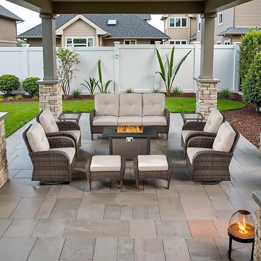 Belord Expansive 10 Pieces Outdoor Patio Furniture Set with 43” Propane Fire Pit Table, Patio Conversation Set with Swivel Rocker Outdoor Chairs Set of 4 and Sofa, Ottoman and Wicker Side Table Brown