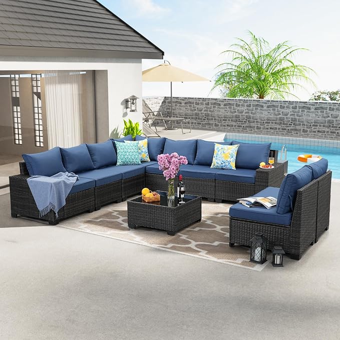 JOYURE 10 Pieces Patio Furniture Set All-Weather Outdoor Wicker Sectional Conversation Sofa Rattan Patio Seating Sofa with Cushion and Glass Table for Porch Poolside,Navy