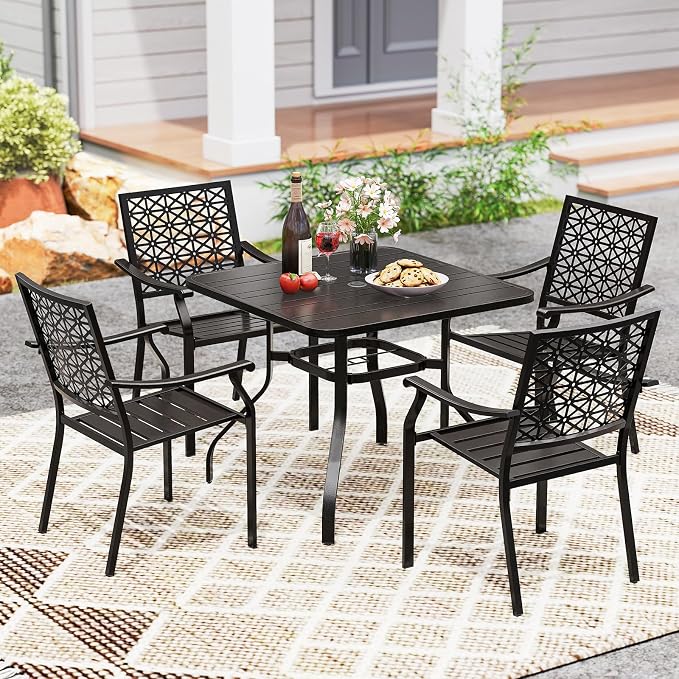 Tangkula 37” Outdoor Dining Table for 4, Square Patio Bistro Dining Table with 1.57” Umbrella Hole and Metal Frame, Outdoor Patio Table for Balcony, Garden and Backyard