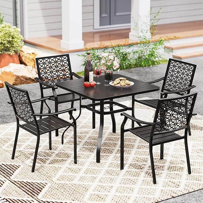 Tangkula 5 Pieces Metal Patio Dining Set, 37 Inches Square Dining Table with 4 Stackable Chairs, Slatted Table with Umbrella Hole, Outdoor Dining Furniture Set for Poolside, Deck, Backyard