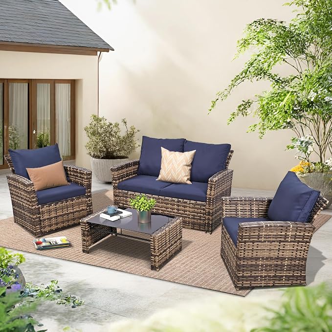 FHFO 4 Piece Outdoor Wicker Patio Furniture Set, Yellow/Blue | Sectional Sofa | All-Weather Hand-Woven Rattan | Tempered Glass Coffee Table | Durable Fabric | Indoor & Outdoor Use