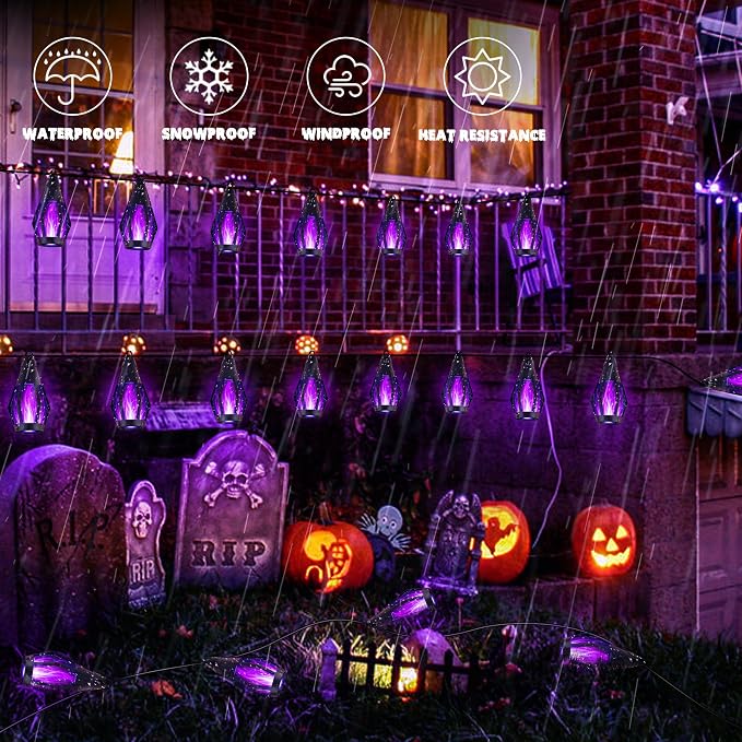 iBaycon 27FT 10 LED Solar Flame Halloween String Lights Outdoor, Purple | Ultra-Real Flickering Flame Lamp Outdoor Waterproof, Solar Patio String Lights for Garden Yard Lawn Halloween Decorations