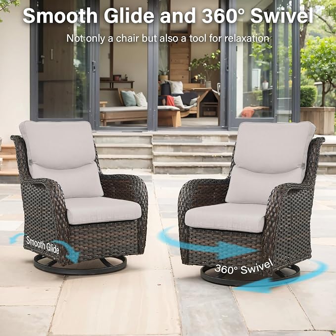 Outdoor Swivel Rocker Patio Chairs Set of 7 with 5" Thick Cushions ,7 Piece Furniture Set with Fire Pit Table All Weather Wicker Conversation Set for Porch Deck - Brown Wicker | Beige Cushions
