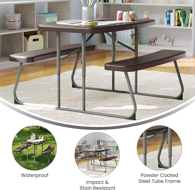 Flash Furniture Paige Easy-Fold Kids Outdoor Picnic Table and Benches - Commercial Grade Folding Plastic Play Table - Recommended for up to Age 5 - Brown