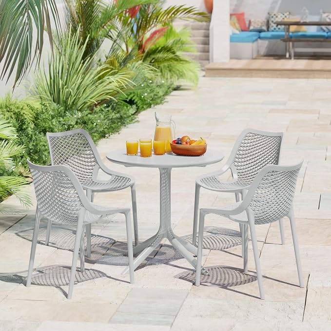 Costaelm Small Patio Table, Outdoor Round Dining Table, Weather Resistant Outside Table for Poolside Deck Lawn Garden Backyard, Gray