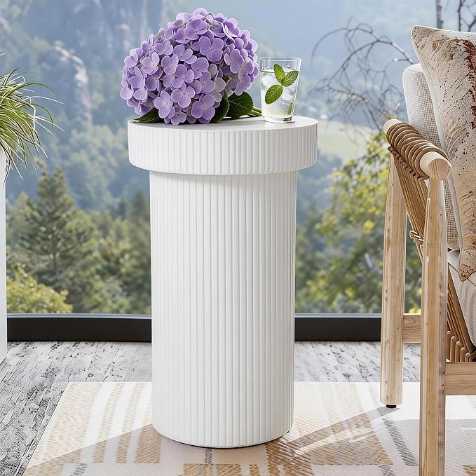24" Pedestal Side Table, 3-in-1 Durable Lightweight Round Coffee Table, Decorative Patio Accent End Table Fluted Garden Stool Art Decor for Poolside, Balcony, Living Room, White