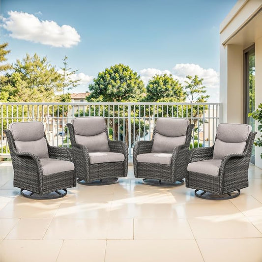 Outdoor Swivel Rocker Patio Chairs Set of 4-5" Thick Cushion 4 Piece Furniture Set All Weather Comfortable Wicker Conversation Set for Porch Poolside and Deck - Gray/Beige
