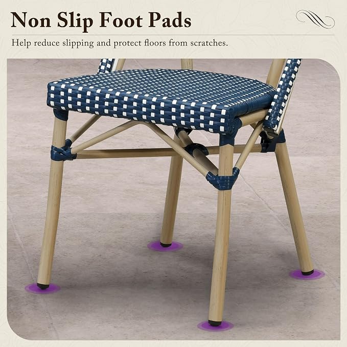 PURPLE LEAF 5-Piece French Bistro Dining Set Square Outdoor Patio Table and 4 Armless Chairs Tempered Glass Top PE Rattan Champagne Print Finish Aluminum Frame Navy Blue