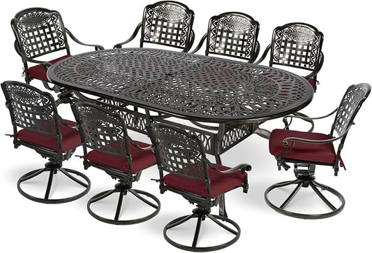 MEETWARM 9-Piece Outdoor Patio Dining Set, All-Weather Cast Aluminum Patio Conversation Set with 8 Cushioned Swivel Rocker Chairs for Backyard Garden Deck, 1 Oval Table, 2" Umbrella Hole, Chili Red
