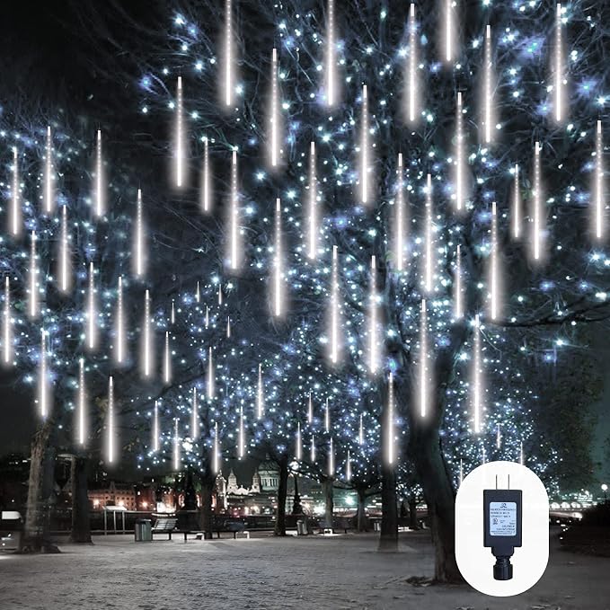 EEIEER Meteor Shower Lights Outdoor, 11.8 inches 10 Tubes 240 LED Snowfall Falling Rain Lights for Halloween Christmas Holiday Tree Home Party-White