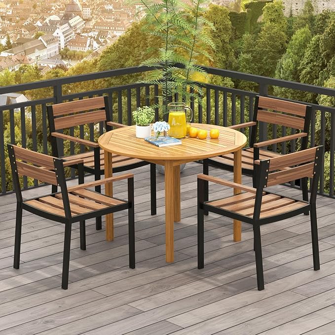 SlickBlue Round Patio Dining Table for 4, Acacia Wood, Indoor and Outdoor Use