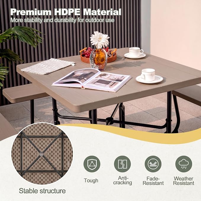 POWERSTONE Picnic Tables with Benches for 8, Outdoor HDPE Picnic Table with Umbrella Hole, Heavy Duty 35" Portable Dining Set Camping Table for Backyard, Patio, Park(Coffee)