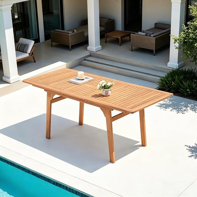 OC Orange-Casual Outdoor Acacia Wood Expandable Table for 6-8, Wooden Rectangular Table with Umbrella Hole and Slat Design, for Patio, Deck, Porch, Backyard, Natural