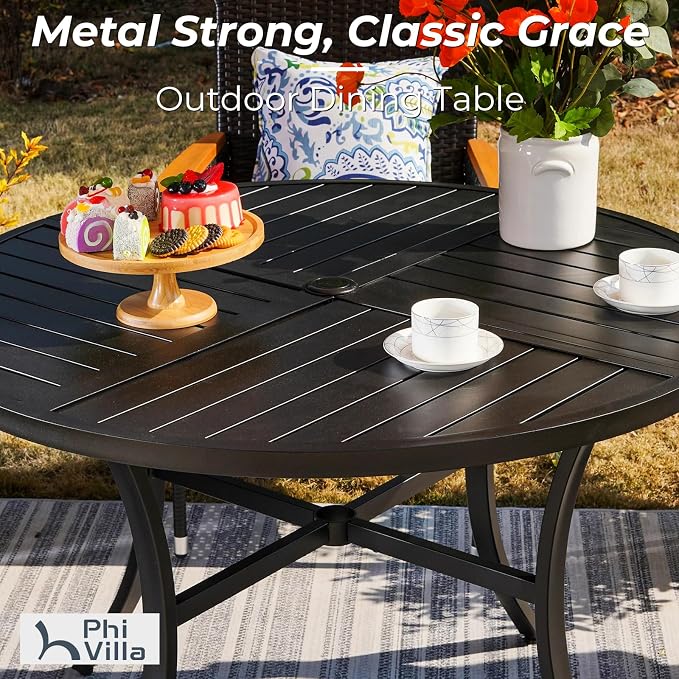 PHI VILLA Outdoor Round Table Set w/Umbrella, 5pc Patio Metal Furniture | 42" wrought iron table & stackable chairs for 4. 10ft red umbrella. Perfect for deck, porch, backyard.