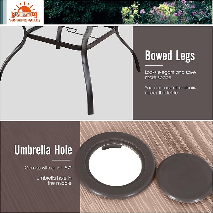 SUNSHINE VALLEY 5 Piece Patio Dining Set for 4, 37”x37” Square Table (PVC Wood-Like Table Top) with 1.57" Umbrella Hole, 4 Metal Brown Chairs, Outdoor Table and Chairs Set for Lawn Backyard and Deck