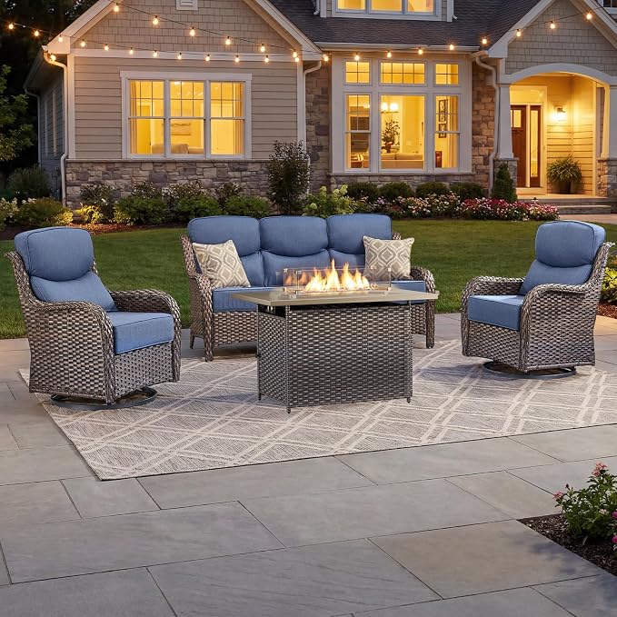 Luxury Patio Furniture Set with 6-inch Thick Cushion, Outdoor Furniture with Fire Pit Table, Swivel Chairs, Sofa, 4pcs Wicker Conversation Set for Deck Yard and Poolside(Brown Wicker/Blue Cushion)