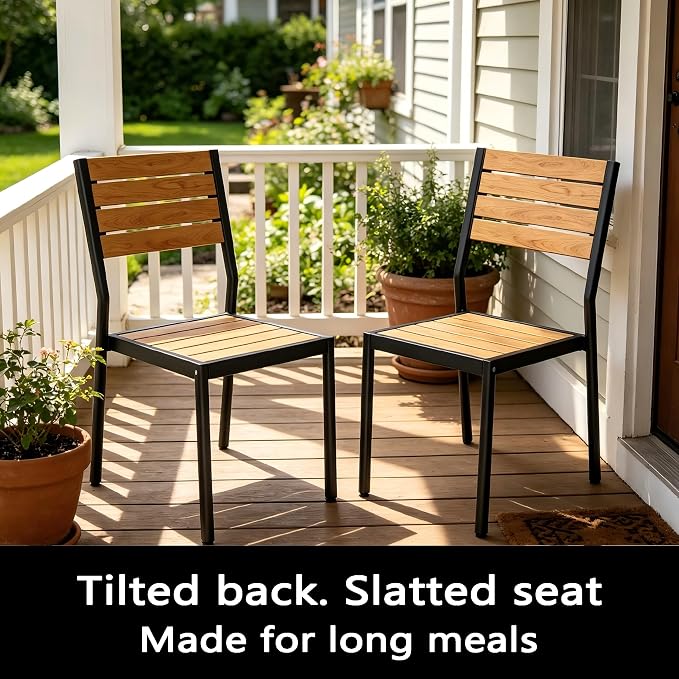 9-Piece Outdoor Dining Set for 8 Person with Teak Wood-Grain Top | Armless Stackable Chairs with 19.4" Seat Depth, Aluminum Frame Dining Furniture with Umbrella Hole for Deck, Porch & Backyard