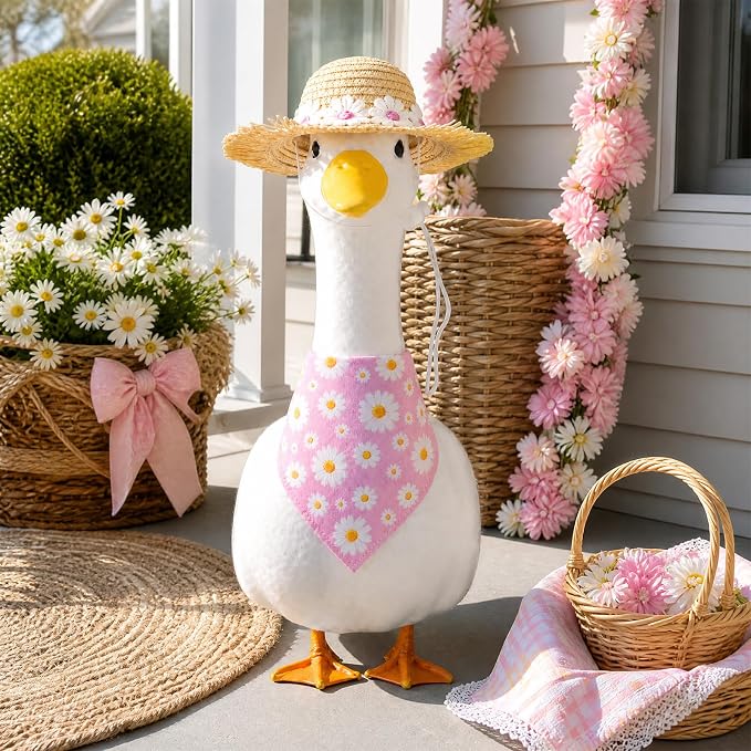 Summer Floral Porch Goose Outfit - 2Pcs Cute Pink Daisy Cottage Style Clothes with Straw Hat & Bandana Bib, Garden Lawn Decoration for 23 Inch Cement/Plastic Statue