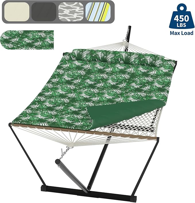 Double Hammock with Stand for 2 Person, 450 Lbs Capacity Heavy Duty Cotton Rope Hammock with Steel Space-Saving Stand, PP Cotton Pad & Pillow, Portable for Backyard, Garden, Patio, Indoor Outdoor Use